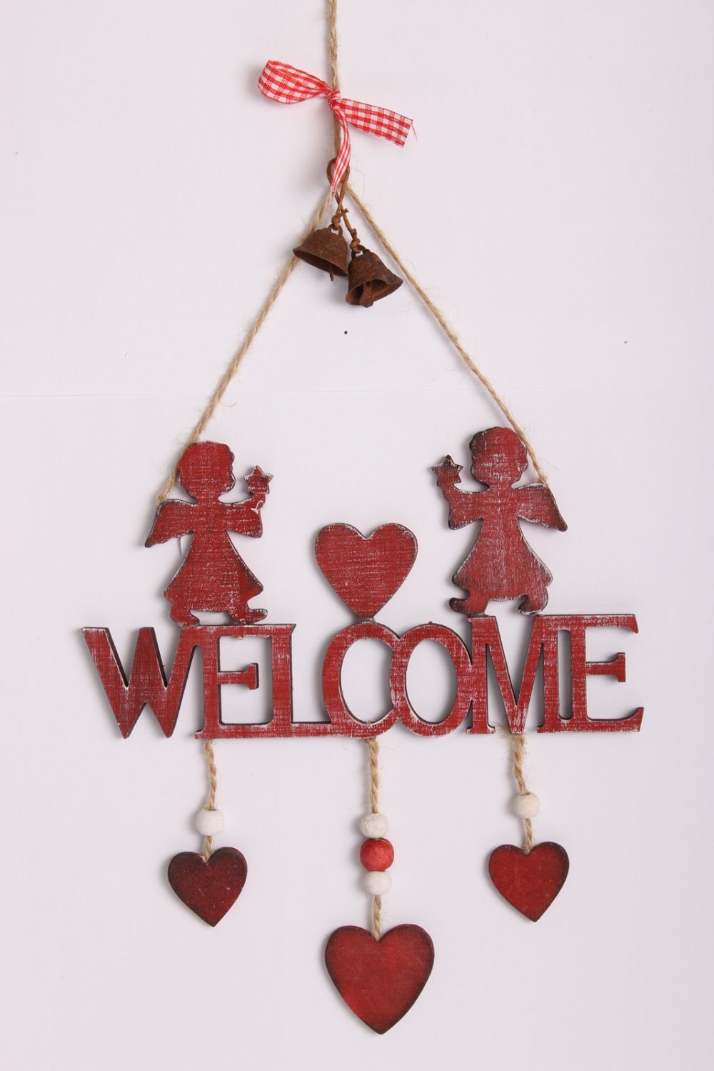 Vianočná ozdoba drevená závesná 48*13cm anjel-srdce welcome